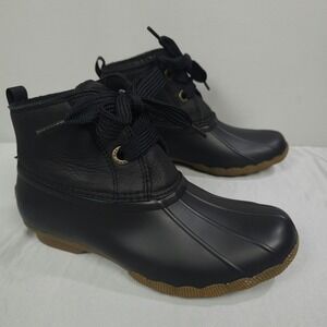 Sperry Duck Boots Women 8 Black Leather Rubber Brown Gum Saltwater 2 Eye Rain